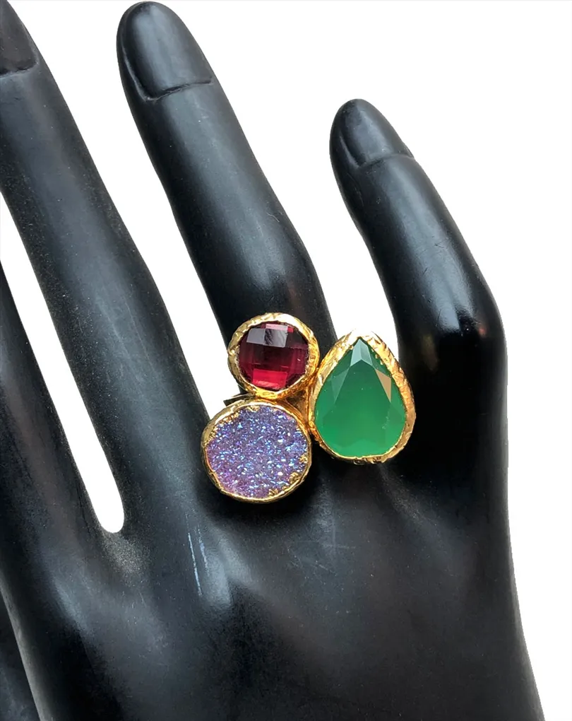 ANILLOS MUJER DE PIEDRAS NATURALES CON DRUSAS, PRECIOSO TRIO DE COLOR