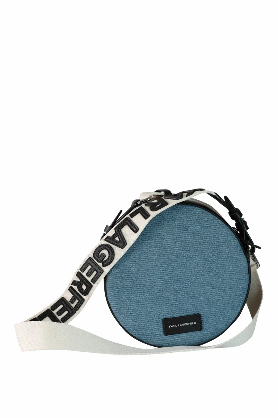 Bolso bandolera azul circular con logo monocromático