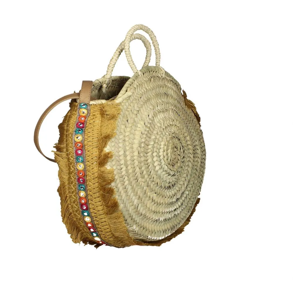 Cesta Mimbre Redonda Flecos Mostaza y Multicolor