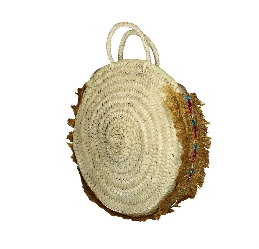 Cesta Mimbre Redonda Flecos Mostaza y Multicolor