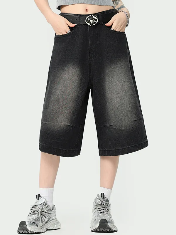Pantalones cortos de mezclilla de tres puntos estilo americano lavados en blanco pulido