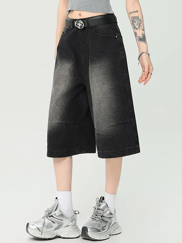 Pantalones cortos de mezclilla de tres puntos estilo americano lavados en blanco pulido