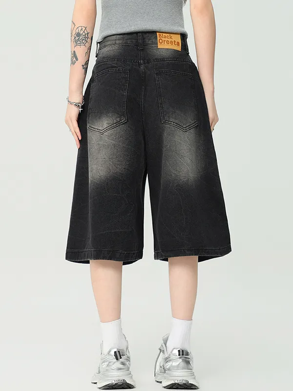 Pantalones cortos de mezclilla de tres puntos estilo americano lavados en blanco pulido