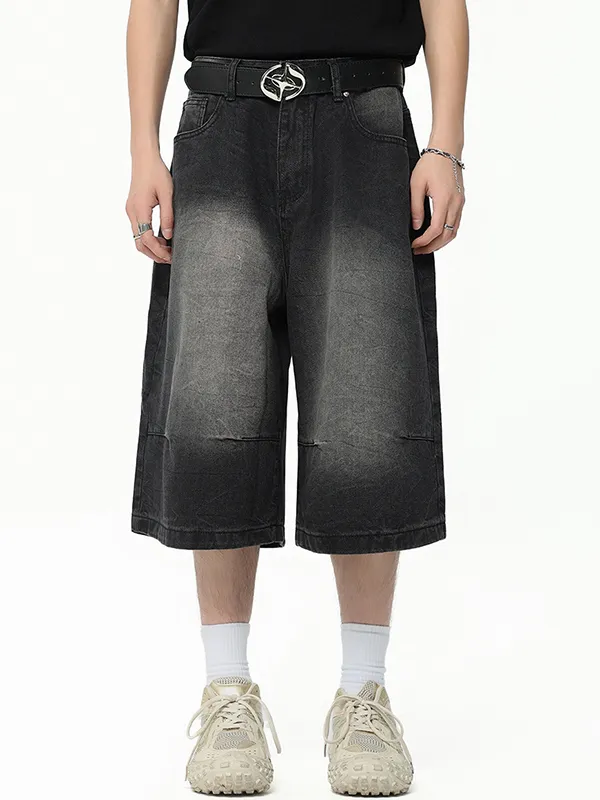 Pantalones cortos de mezclilla de tres puntos estilo americano lavados en blanco pulido